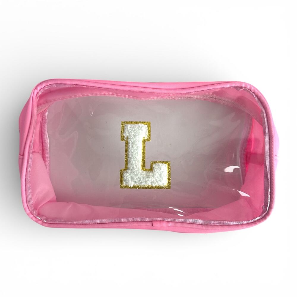 Pink Clear Initial L Makeup Bag Cosmetic Toiletry Travel Pouch Waterproof NWOT